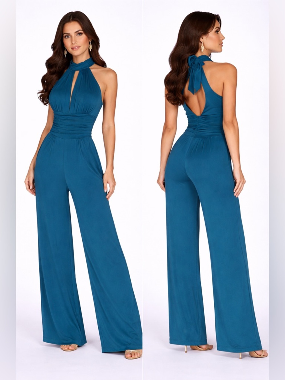 bebe Teal Halter Wide-Leg Jumpsuit